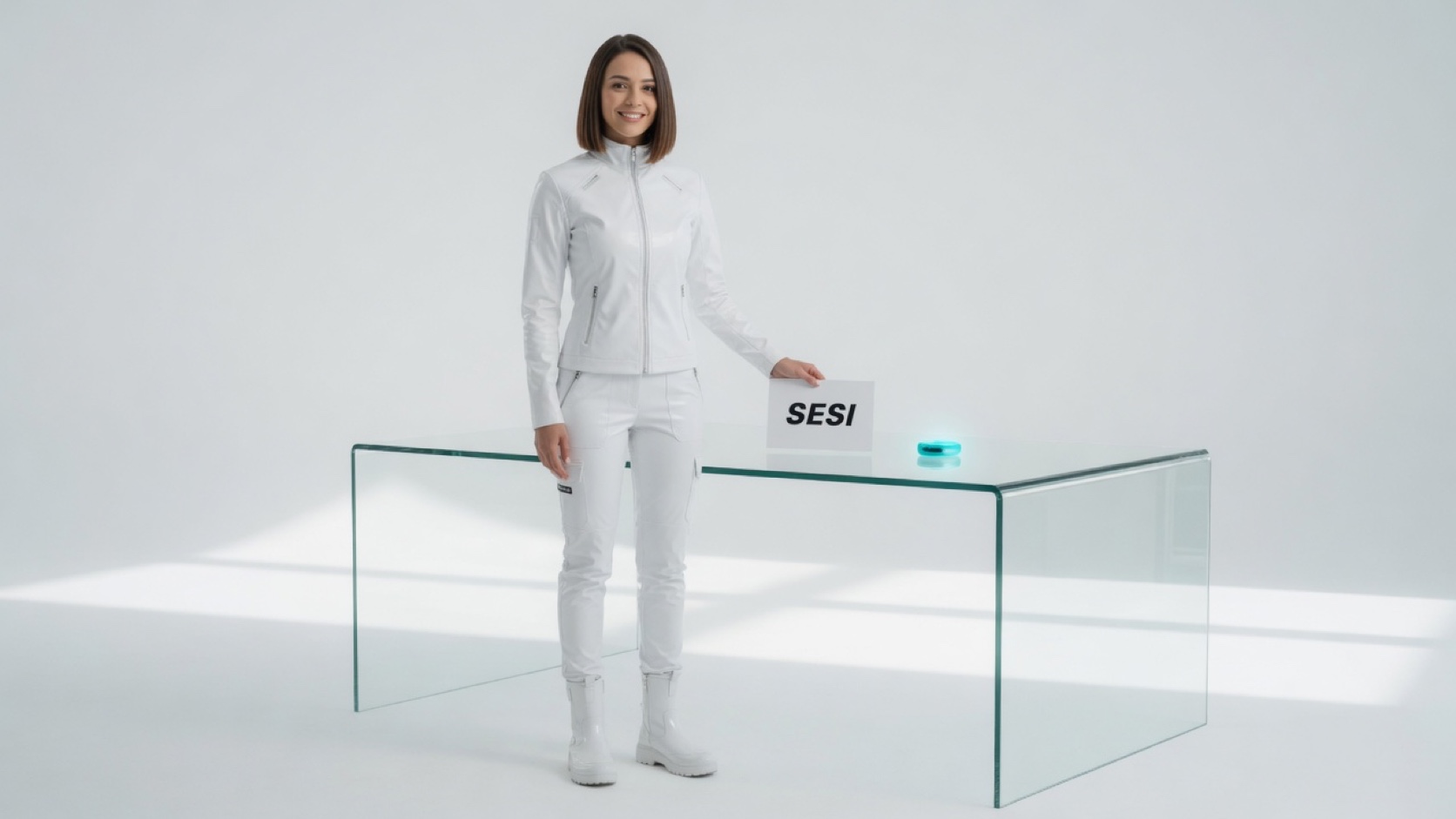 Full-length Sessi confirming a cyan receipt ring at a glass table, SESI card in hand